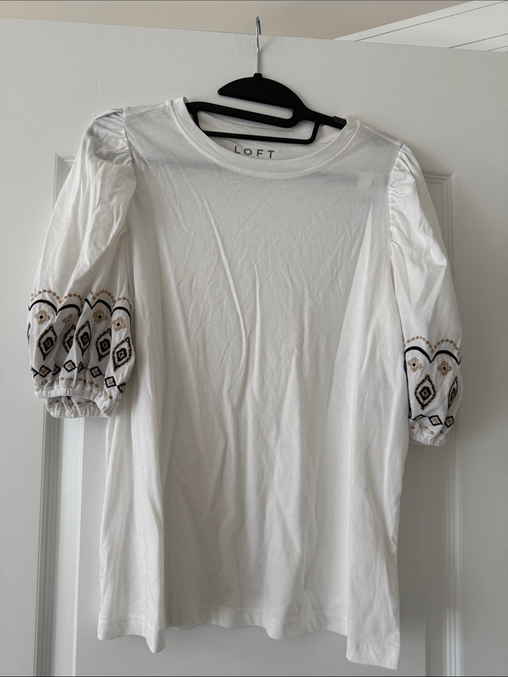 LOFT White Puff-Sleeve Tee with Black & Gold Embroidery
